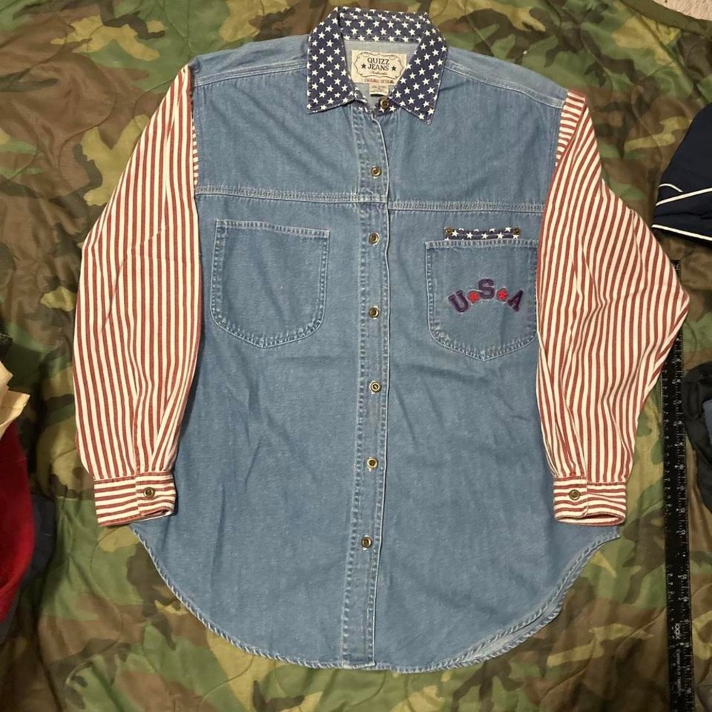Quiz jeans American flag button up shirt cotton‎ vtg 90s/00s Size M/21.5